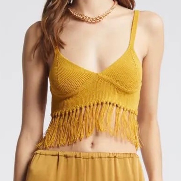 Open Edit Tops - OPEN EDIT  Fringe Sweater Bralette - Yellow Harvest Size Small